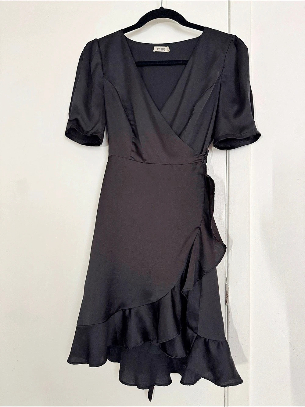 Essue Black Satin Ruffle Hem Wrap Mini Dress - Size S